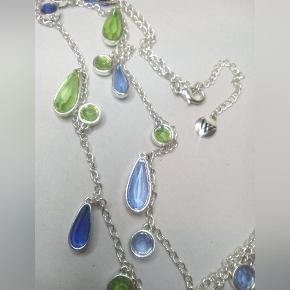 Worthington Necklace Silver‎ Tone w Blue & Green Faceted Teardrop Crystals 30"